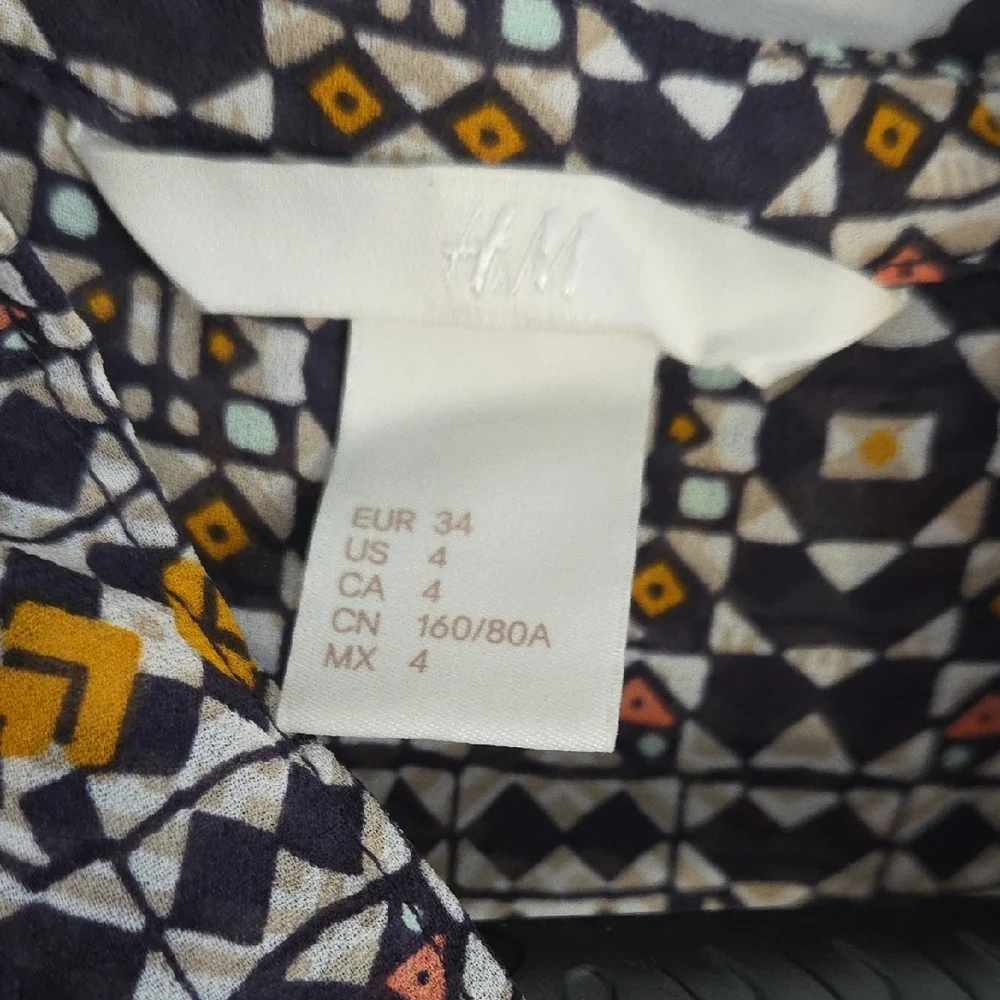 H&M Sheer Mosaic Boho Blouse Yellow & Blue Tile - Picture 7 of 9